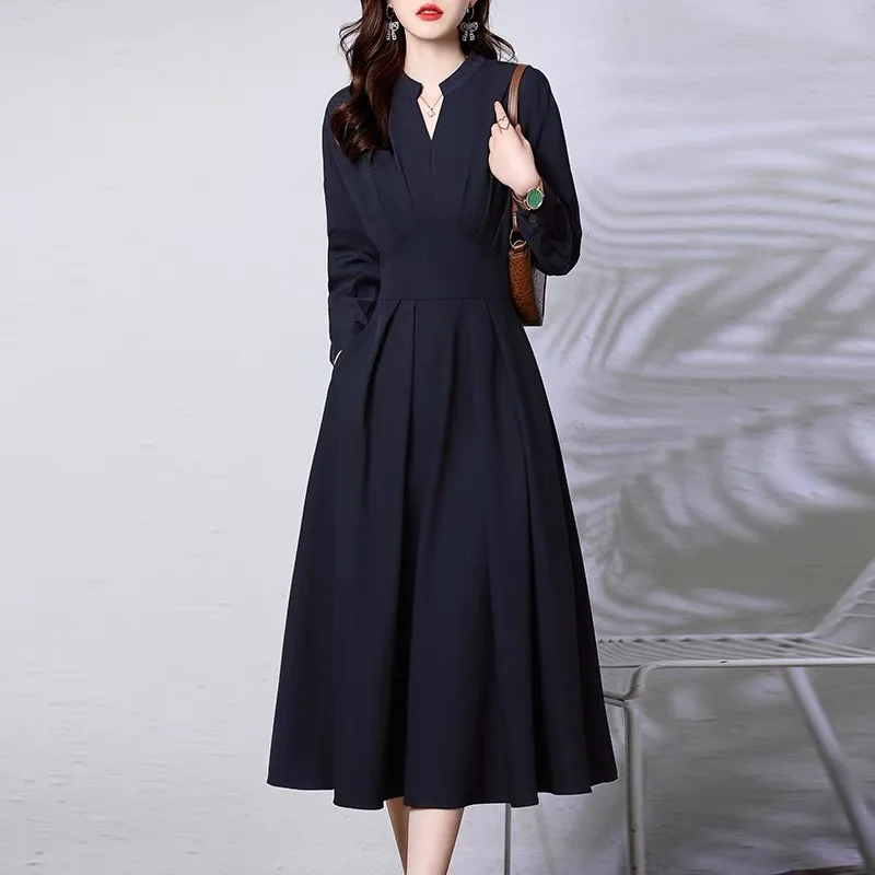 

Black Maxi Long Dresses Women Office Lady Long Sleeve Waist A-Line Solid Casual Vintage O Neck Dress Autumn Spring Commuter Chic