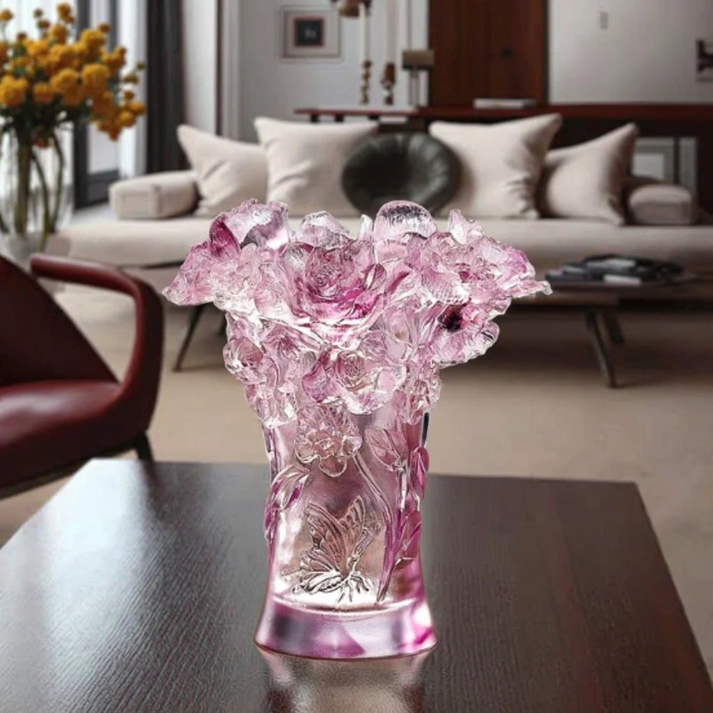 Artisanal Liuli Camellia Vase With Butterfly Motif Lost-Wax Casting Technique Pink Or Purple Choice Luxury Table Centerpiece