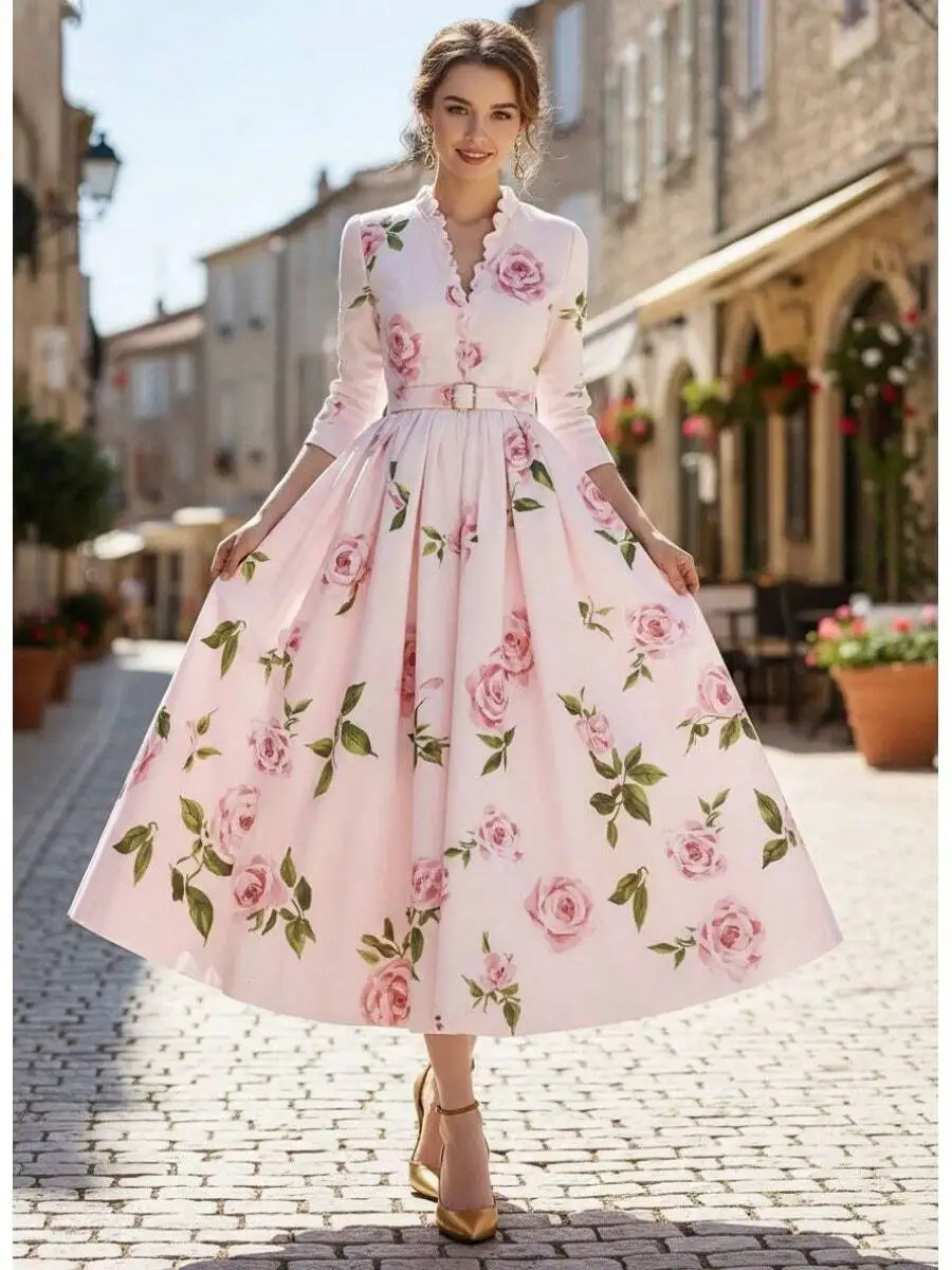 

Vintage Pink Rose-Printed A-Line Midi Dress With V-Neck, Long Sleeves, And Detachable Belted Waist For Elegant Women