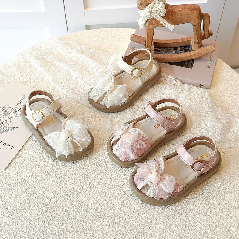 Girls Lace Bow Floral Sandals Open-Toe Children Princess Sweet Sandals Non-Slip Kids Summer Beach Shoes Soft Sole Size 21-30