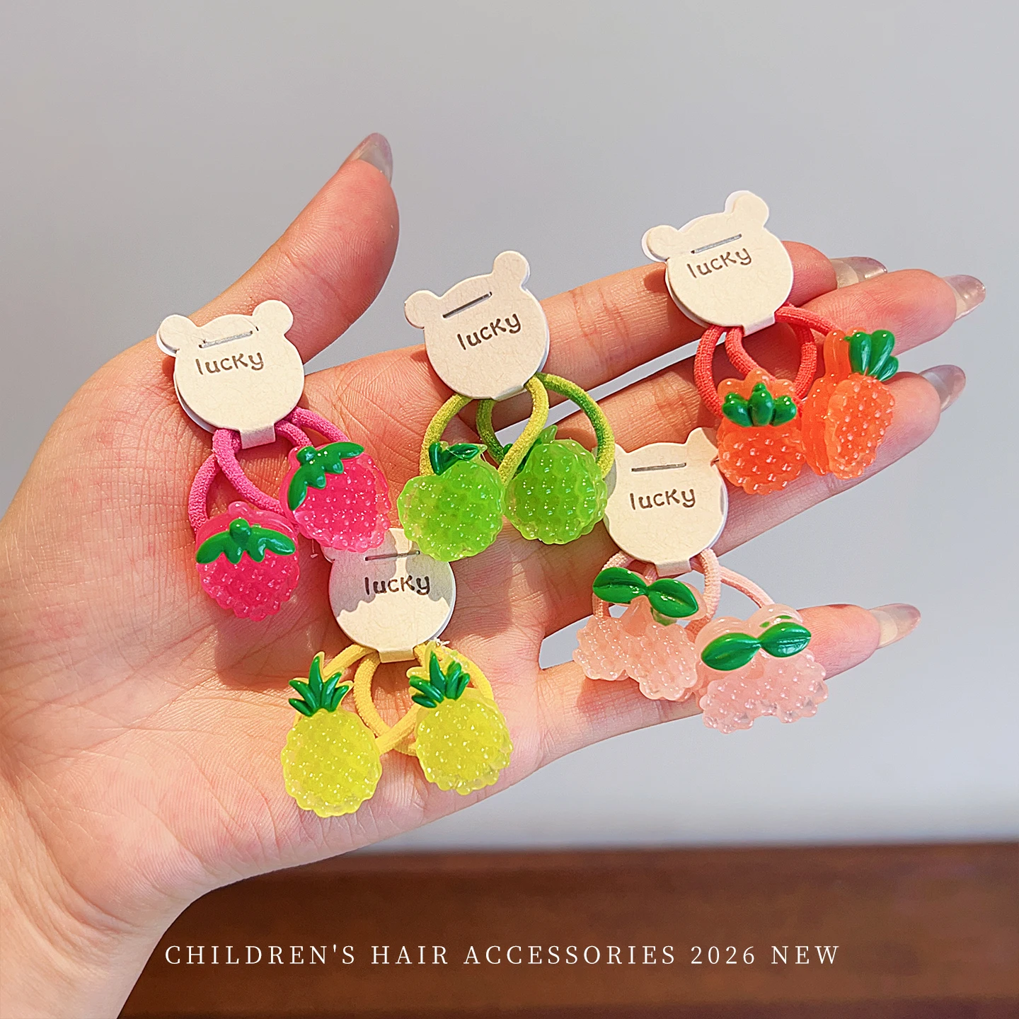 10 Stück/Set Cartoon-Bär Frucht Blume Schmetterling Haargummis Regenbogenfarben Acrylharz Haar-Accessoires für Mädchen Kinder Baby Geschenk – Detail 2