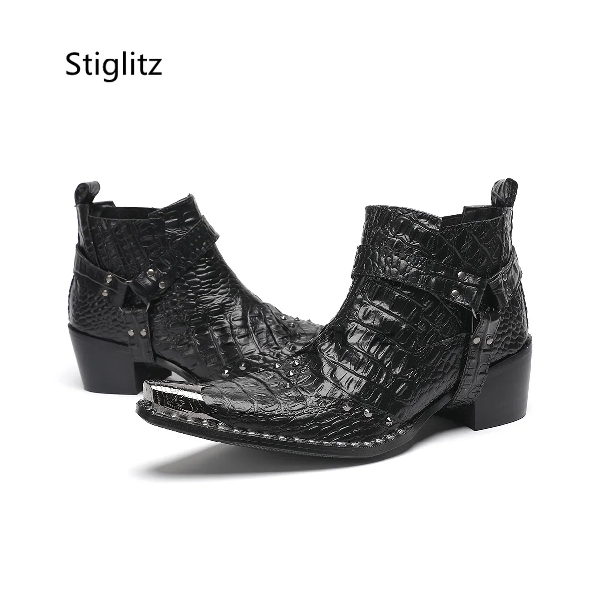 

Crocodile Prints Black Ankle Boots Men's High Heels Rivet Metal Buckle Leather Shoes Metal Toe Zipper Wedding Business Shoes