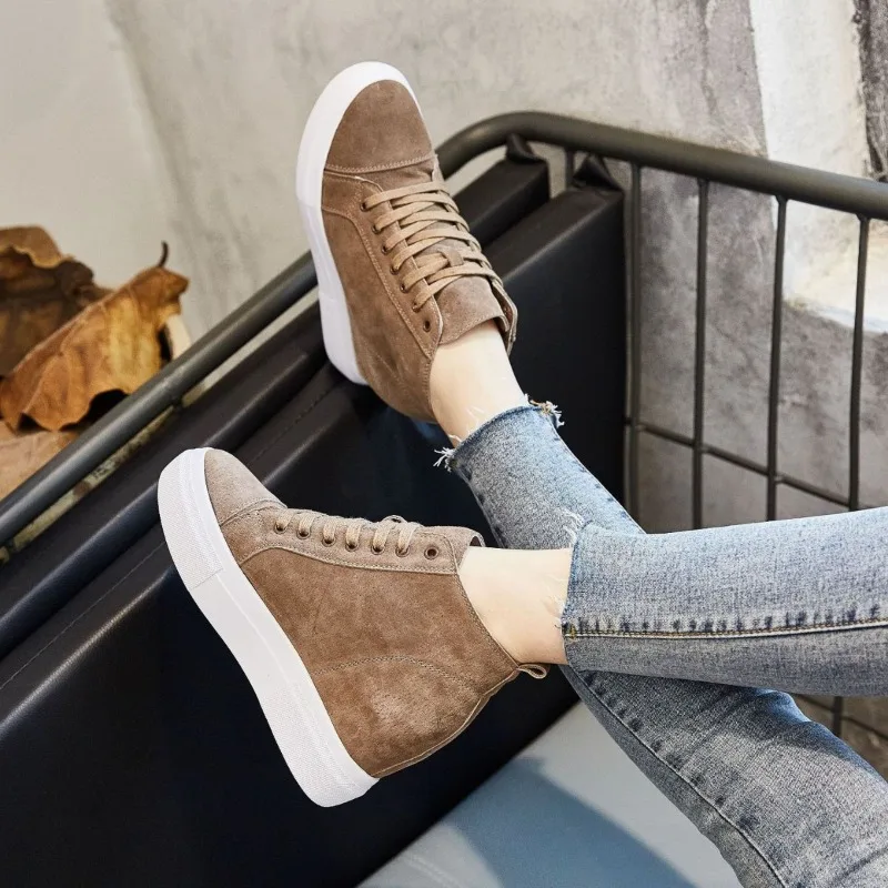 Women Shoes High Quality Leather Casual Shoes 8CM Inner Height Increasing Shoes Wedge Heeled Ankle Boots Plush Warm Winter Boots