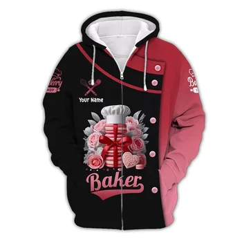 Uniformes de trabajo de panadero con nombre personalizado, sudaderas con capucha con cremallera para hombres y mujeres, chándal deportivo gráfico de postre informal de talla grande, ropa de Cosplay