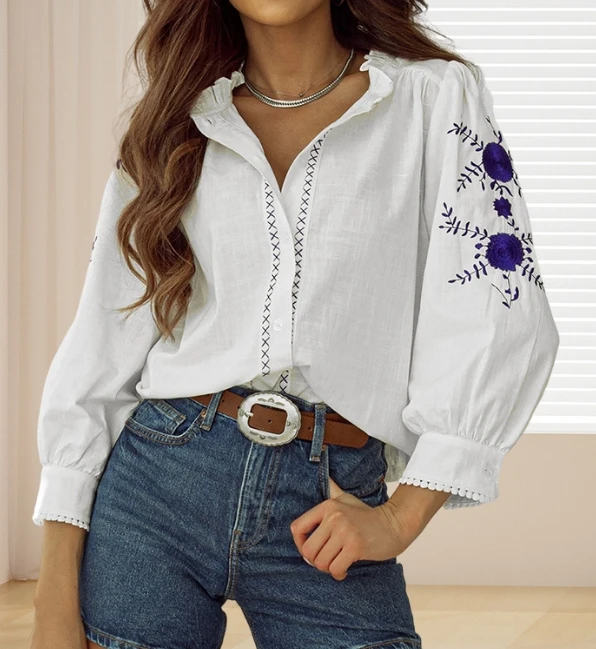 Autumn Fashion New Shirt Thin Loose Breathable Sunscreen Shirt Retro Floral Embroidery V-Neck Long Sleeved Top for Women