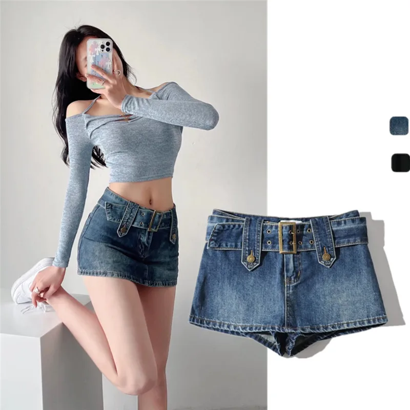 Sweet Cool Short A-Line  Skirt High Waist Belted Trendy Girl Style Retro Low Waist Zipper Closure Straight Leg Jeans