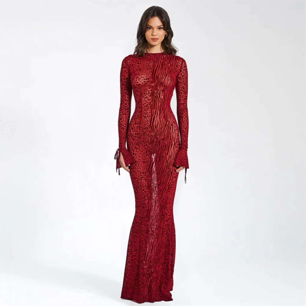 

Leopard Print Fishtail Dress Summer Women's Backless Party Fashion Ruffle Sleeve New Round Neck Long Dress Ropa Mujer Vestidos