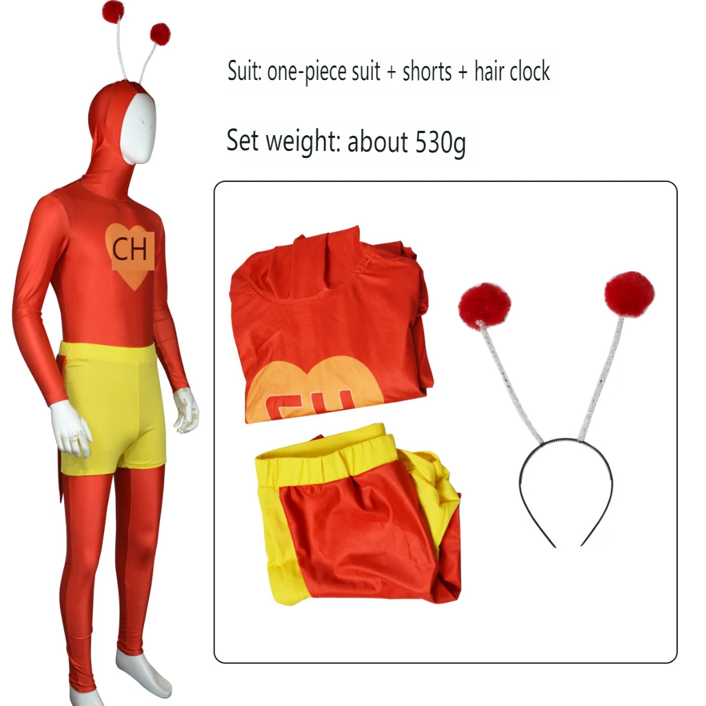 أزياء إل تشابولين كولورادو الكوميدية التأثيرية بدلة بقلنسوة حمراء مع هوائيات مطبوعة على شكل قلب بدلة الهالوين كرنفال سوي #1