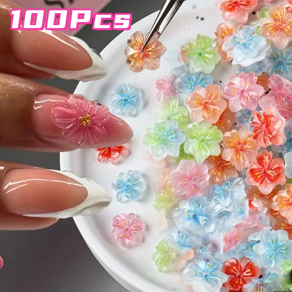 

50/100pcs 3D Ice Flower Nail Charms Colorful Translucent 5 Petal Flower Nail Charm Gradient Cherry Blossom Flower Decoration DIY