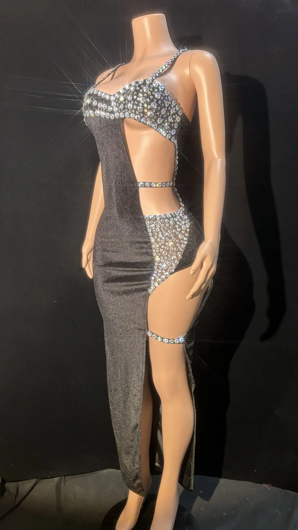 Sexy Hollow High Split  Evening Prom Celebrate Birthday Dress for Women Sparkly Rhinestones Singer Show Performance Costume