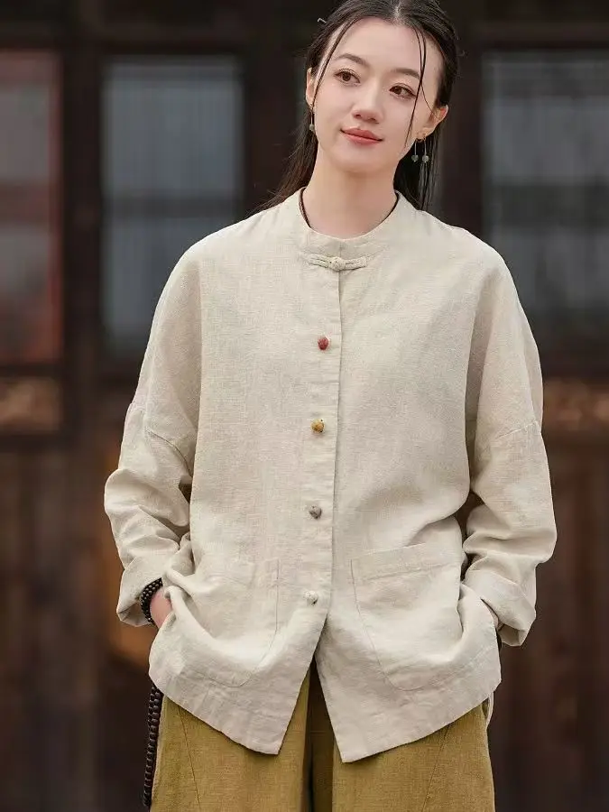 Retro Nieuwe Chinese Sle Losse Katoenen Linnen irt voor Vrouwen met Knop Open Vest Bovenkleding Grote Maat Top