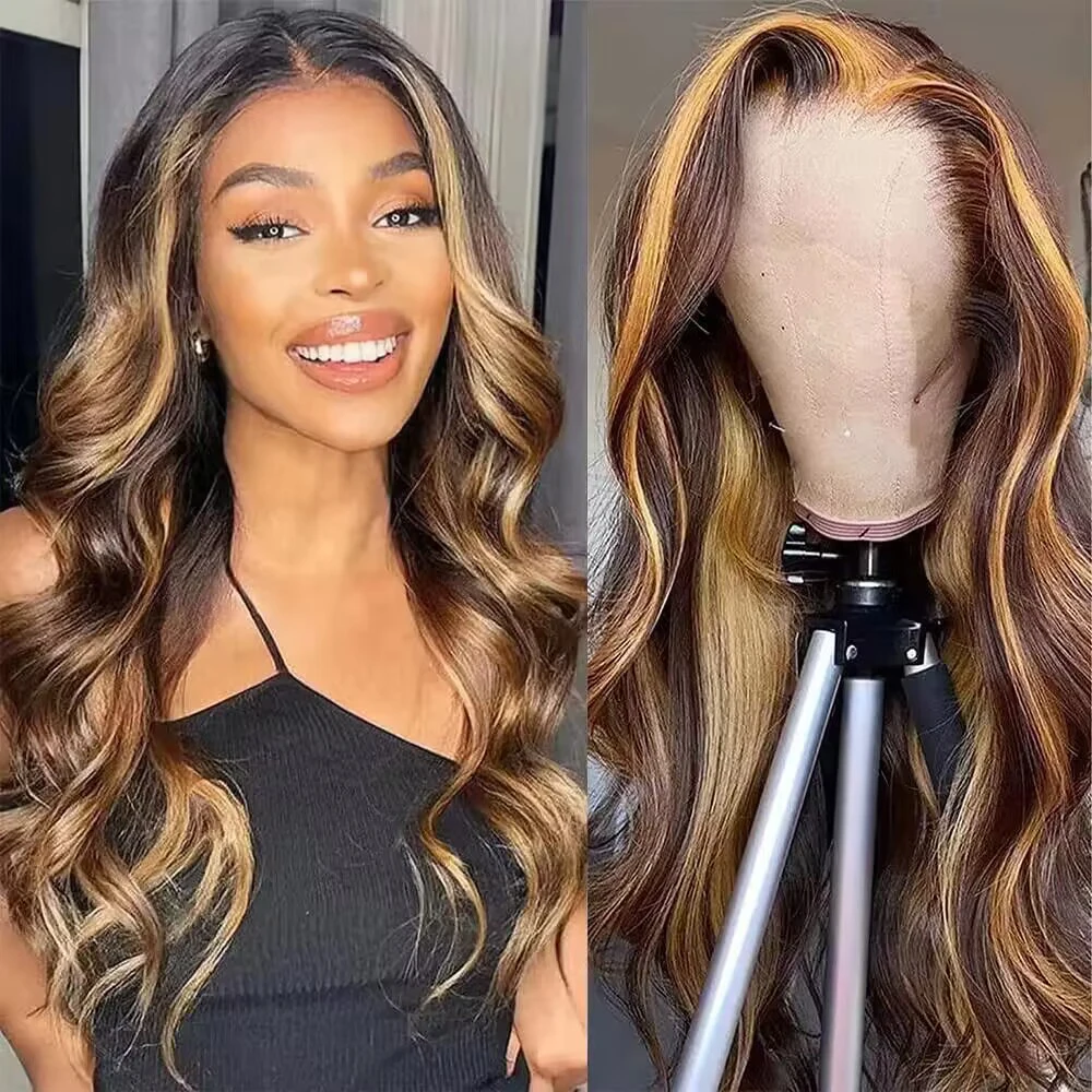 Perruque Lace Front Wig Body Wave Naturelle, Cheveux Humains, Pre-Plucked, à Reflets, Ombré 4/27, 13x4, 13x6, 30 36 Pouces, 200%, pour Femme