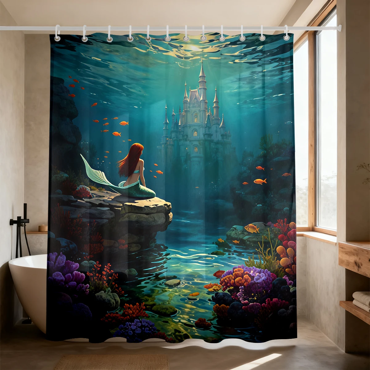 1PC Mermaid Underwater Castle Coral Group Shower Curtain Waterproof Shower Curtain Partition Privacy Hanging Curtain