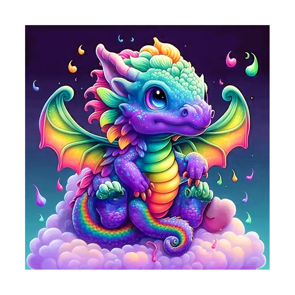 Cute Rainbow Baby Dragon Diamond Painting Kit, Full Drill 5D Rhinestone Art, Kids Room Decor, DIY Craft Gift