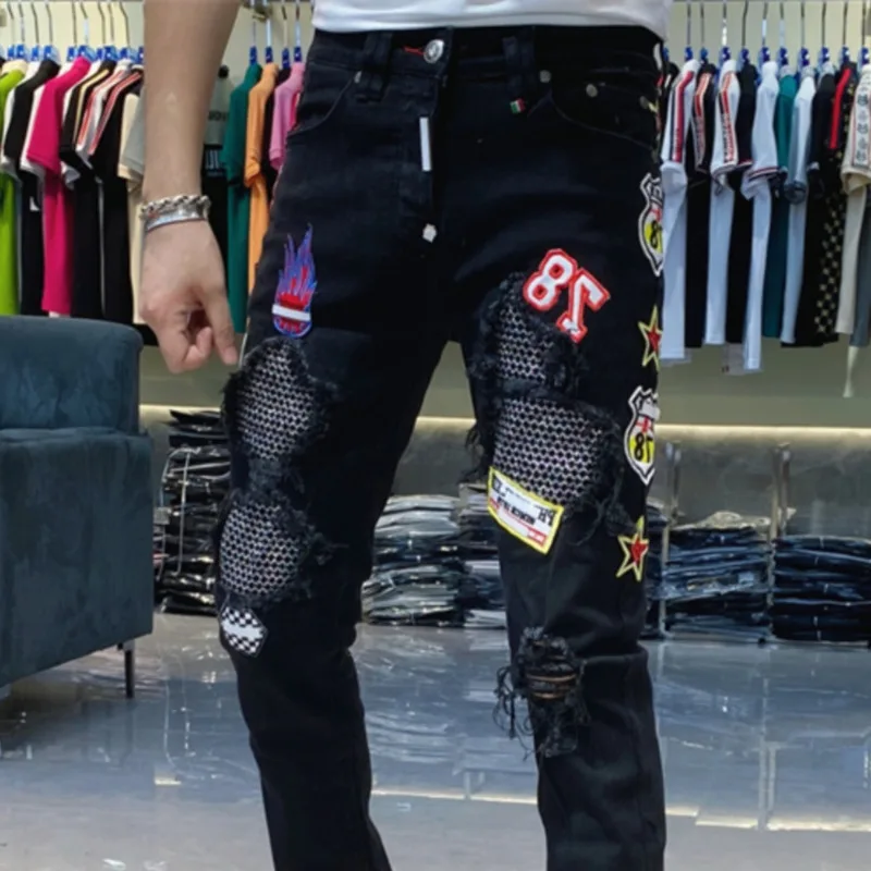 Ripped Jeans For Men Stretch Jean Tapered Trouser Hombre Patch Biker Streetwear Ripped Denim Pant Embroidered Hole Patch Jean