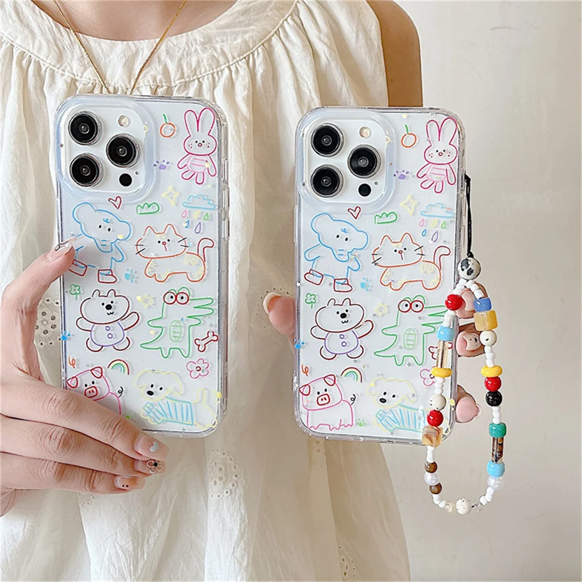 

Korean Color Line Cute Animal Phone Case For iPhone 16 Pro 15 14 13 Pro Max Cover with Chain Shockproof Cartoon Cases