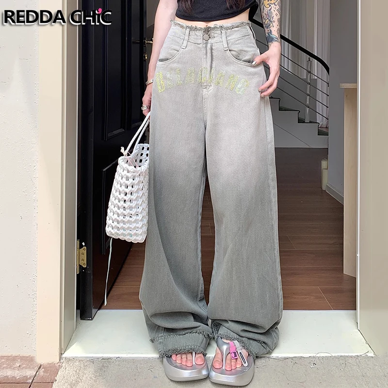 

REDDACHiC Gradient Green Wash Baggy Jeans Women High Rise Rhinestone Letter Raw Hem Straight Wide Leg Pants Retro Y2k Streetwear