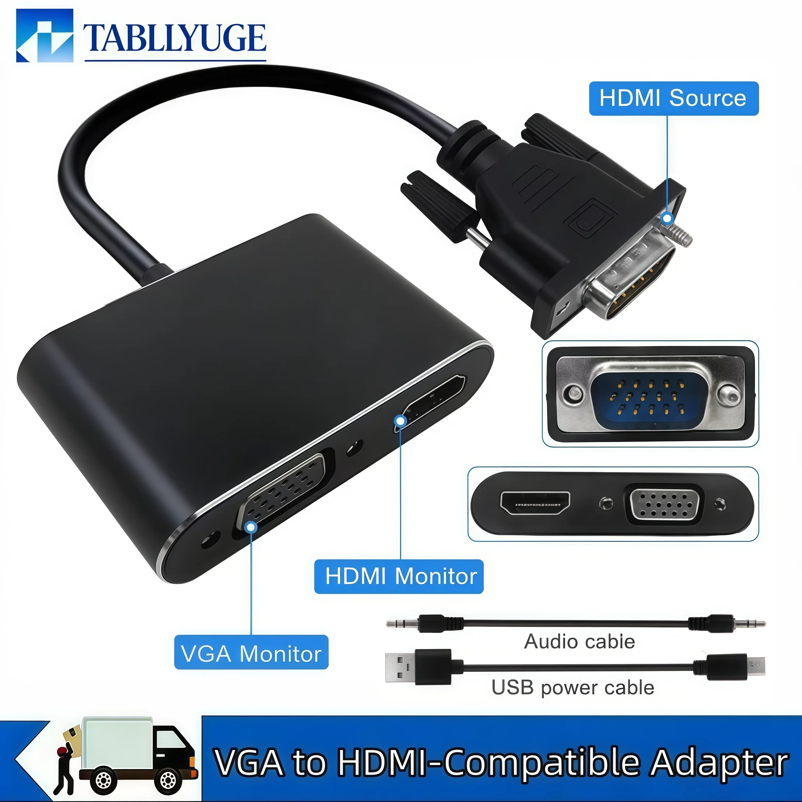 VGA to HDMI Compatible + VGA Dual Display Adapter 1 in 2 out Splitter Sterco 3.5mm 1080P Converter Suitable for Lenovo Laptops