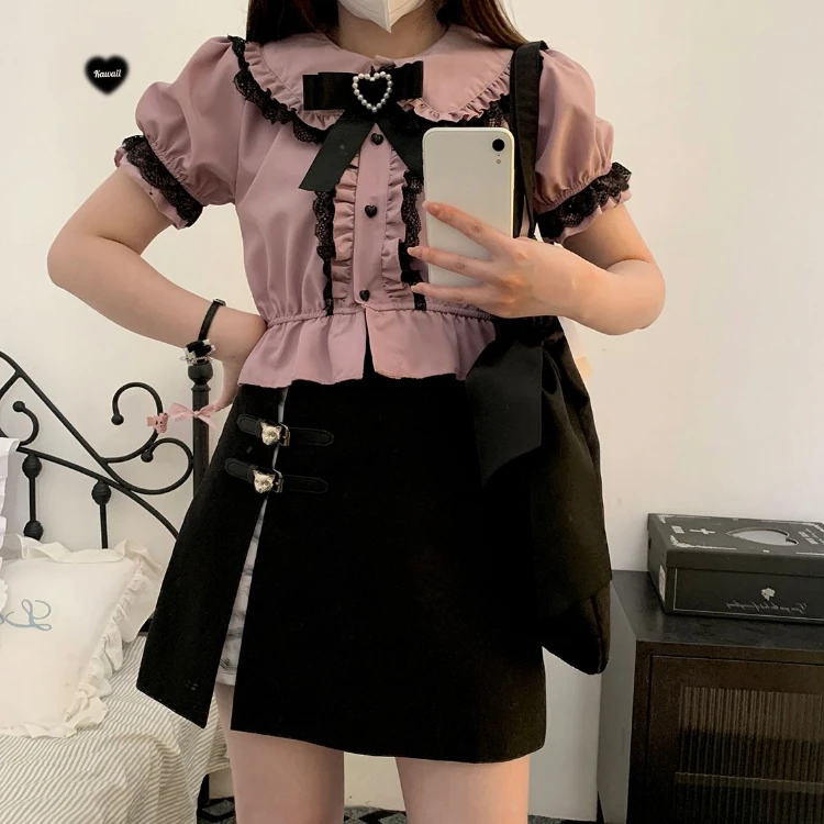 Japanese Kawaii Peter Pan Collar Lace Shirts Women Summer E-Girl Heart Short Sleeve Blouses Y2k Aesthetics Lolita Bottoming Tops