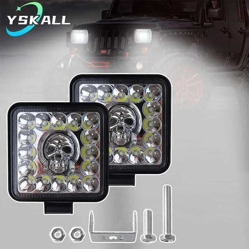 1PC Cool Skull Pattern Squared Car Headlight High Brightness Universal Motorcycle Car Driving Light 16 LED Lamp Aluminum Shell