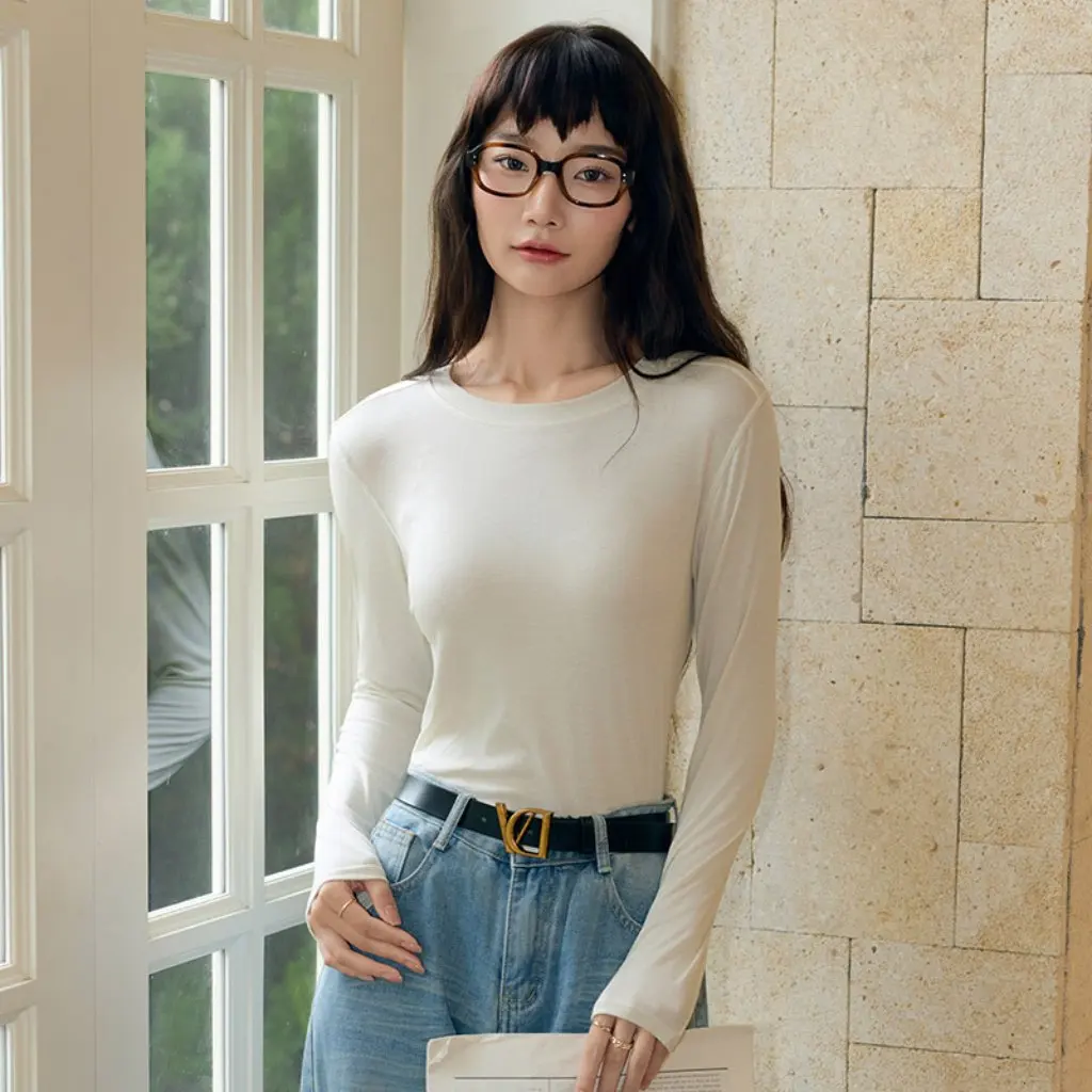 

Women's Slim Fit Long Sleeve Round Neck Base Shirt Lesel Shoulder Pure Color Autumn Winter T-Shirt Top Body Shaping Effect