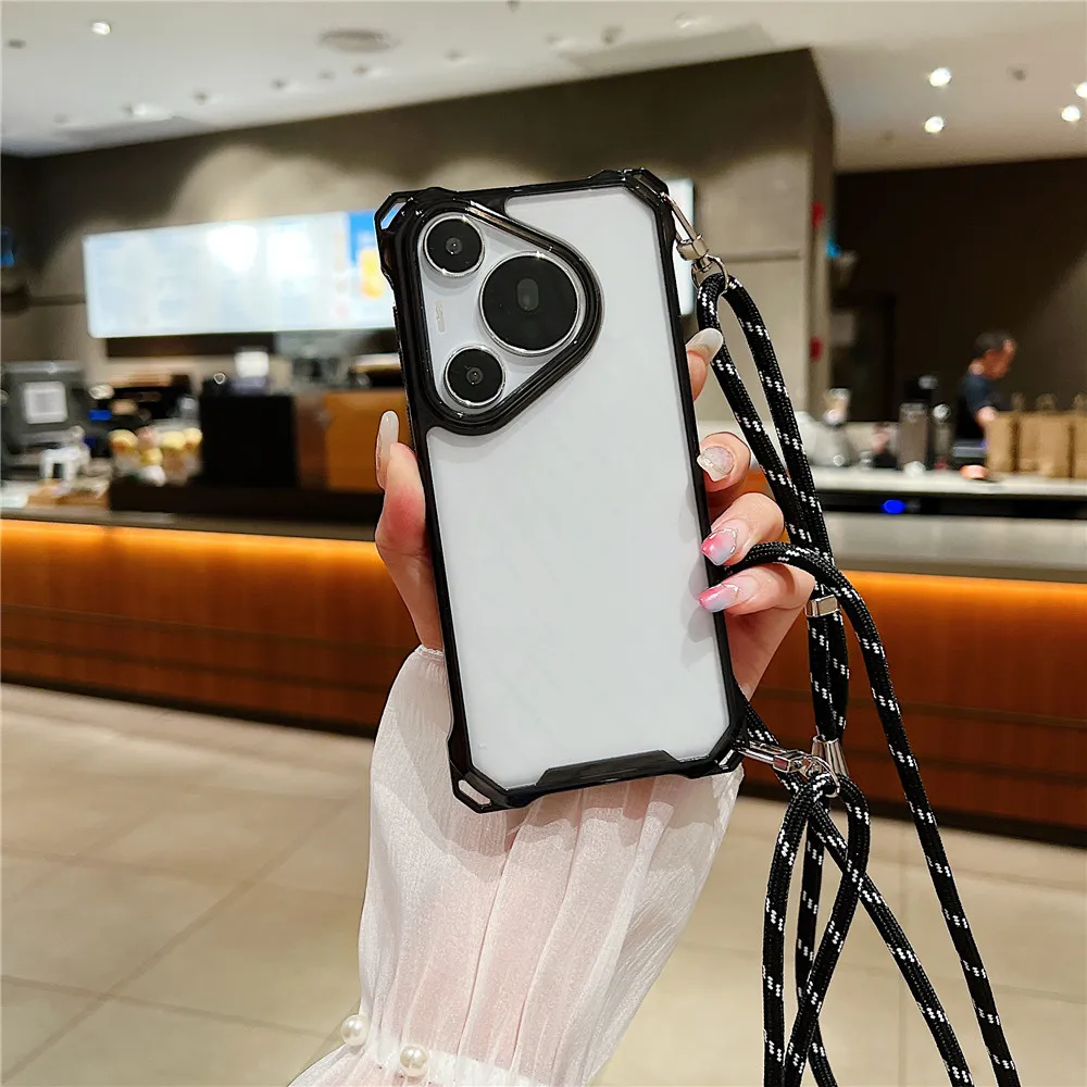 Luxury Cord Chain Crystal Clear Case For Huawei P70 Pro Ultra Mate 60 Pro Plus Necklace Lanyard Crossbody Strap Shockproof Cover