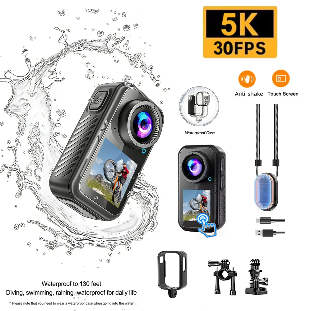 Cámara de Acción 5K Thumb, Cámara de Acción 4K 60FPS con Antivibración, Pantalla Táctil, Zoom 5X, Cámara para Vlog, Cámara Corporal para Motocicleta, Resistente al Agua