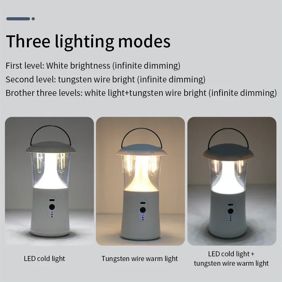 Recarregável retro camping lanterna, dimmable, ao ar livre, impermeável, atmosfera luz, pesca, caminhadas, 3 cores