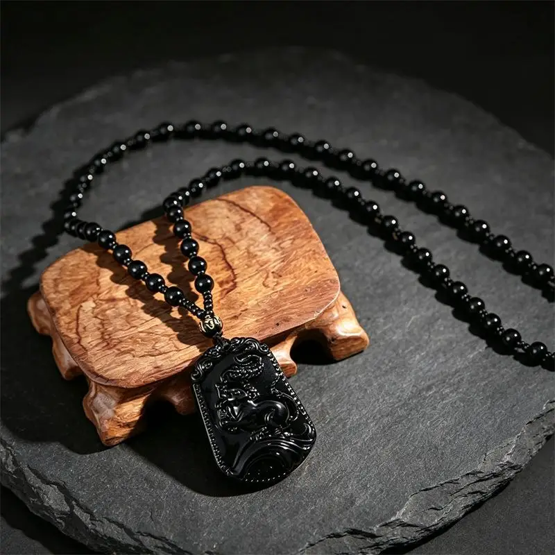 Twelve Chinese Zodiac Signs Retro Style Men Necklace Imitation Obsidian Beads Pendant Long Collar Accessories Healing Homme