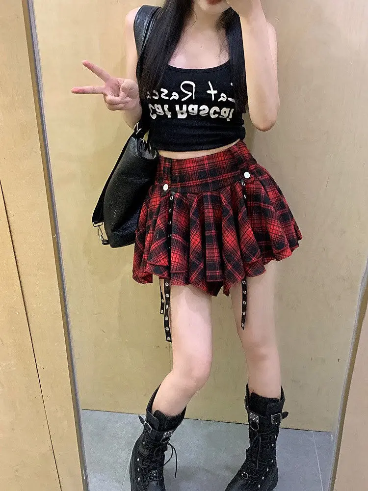 Punk Plaid Mini Skirt Irregular Handkerchief Hem with Hanging Straps Women Teenage Girl Y2K Grunge Outfit