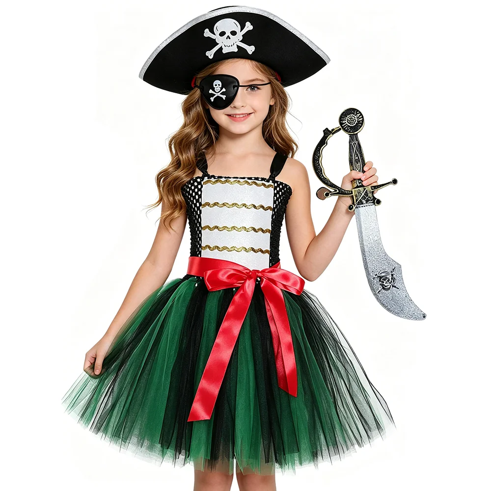 

Dark Green Black Pirate Costumes for Girls Kids Sea Captain Halloween Fancy Tutu Dress Outfit with Eyes Patch Head Bandana Sword