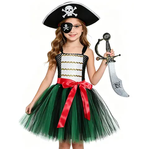 Dark Green Black Pirate Costumes for Girls Kids Sea Captain Halloween Fancy Tutu Dress Outfit with Eyes Patch Head Bandana Sword