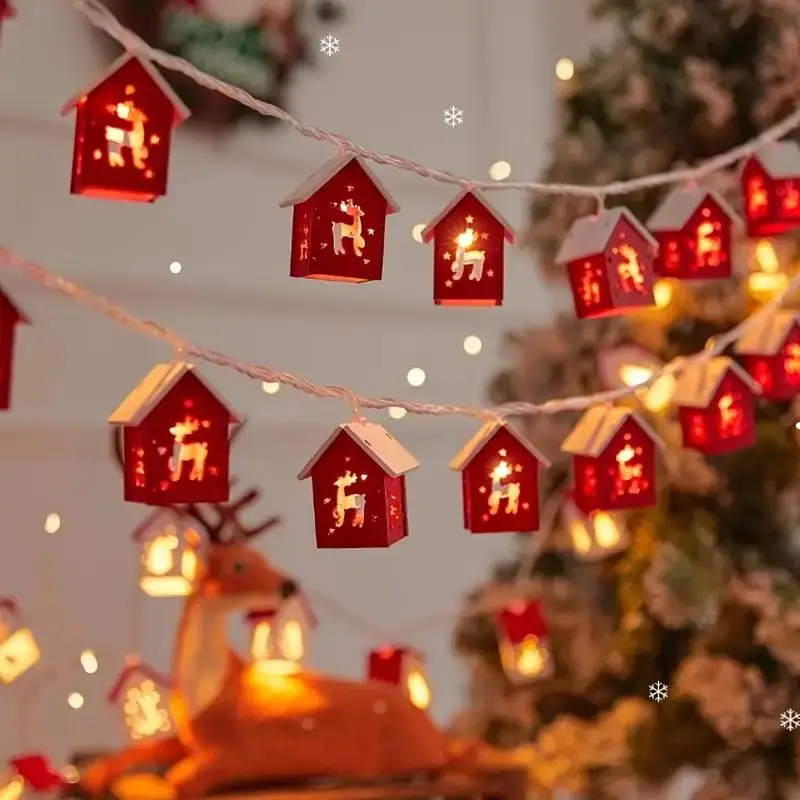 10LED الأحمر منزل خشبي سلسلة ضوء عيد الميلاد غرفة المنزل الديكور شجرة عيد الميلاد حلي معلقة 2026 السنة الجديدة هدايا الاطفال