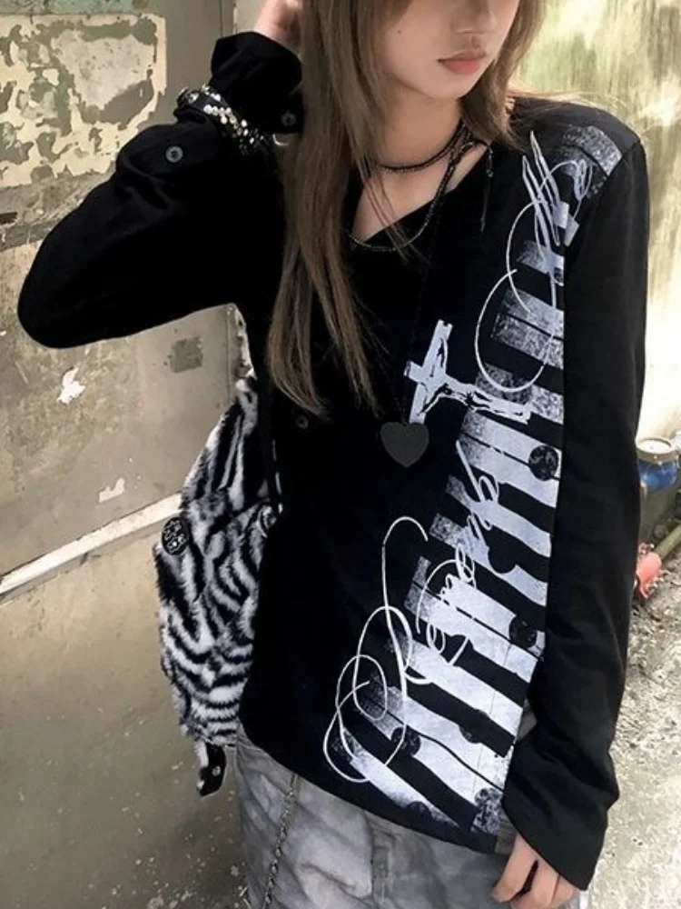 Harajuku Vintage 2000s Letters Printing Irregular Long Sleeve T-Shirt Women Men Clothing Y2k Aesthetic Grunge Split Punk Tops