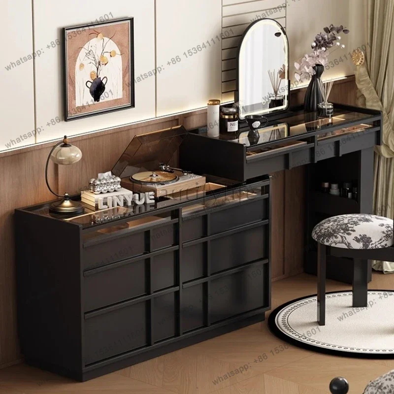 

Dressing table wooden dressing table cabinet integrated bedroom storage cabinet retro retractable corner black makeup table