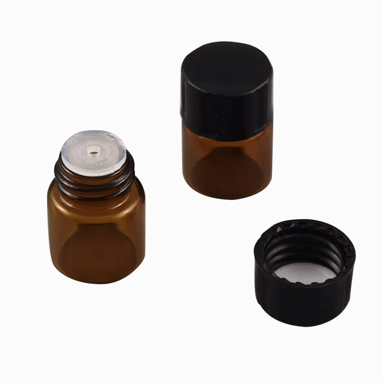 Popular Hot Sale 1ML Mini Amber Glass Bottle Vial with Orifice Reducer & Black 1/4 Dram Small Essential Oil Bottle - Pack of 100