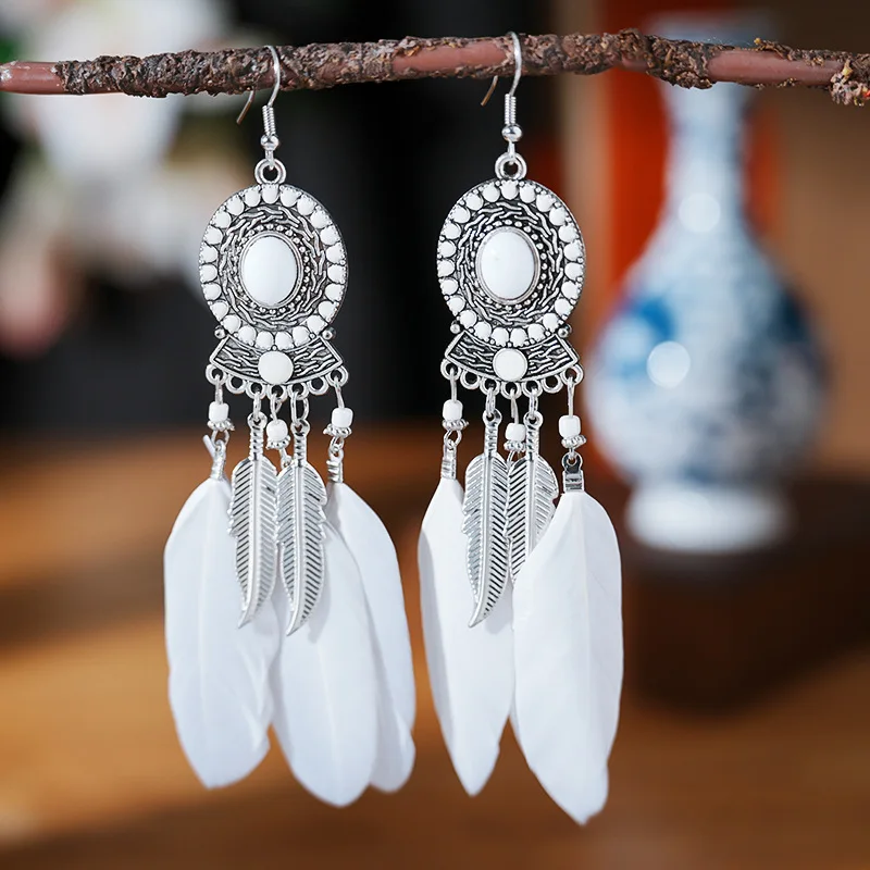 Bohemian Vintage Lange Weiße Feder Ohrringe für Frauen Ethnische Temperament Gold Farbe Kette Quaste Ohrringe Boho Hochzeit Schmuck – Detail 20