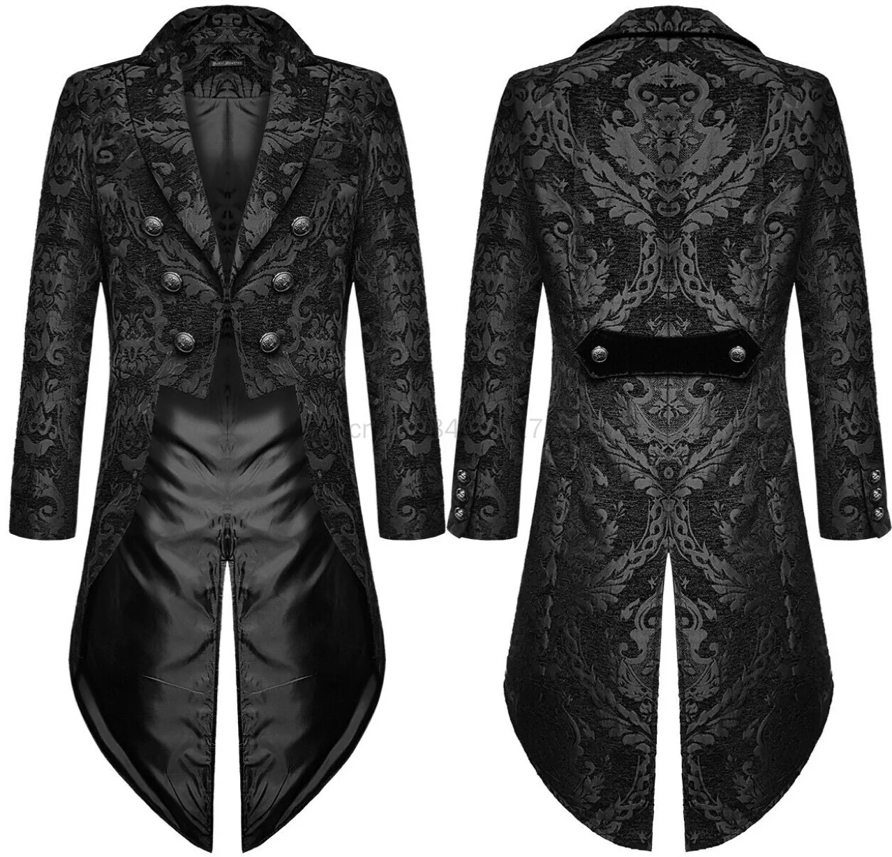 

Medieval Devil Fashion Mens Gothic Steampunk Cosplay Tailcoat Jacket Black Brocade Damask Wedding