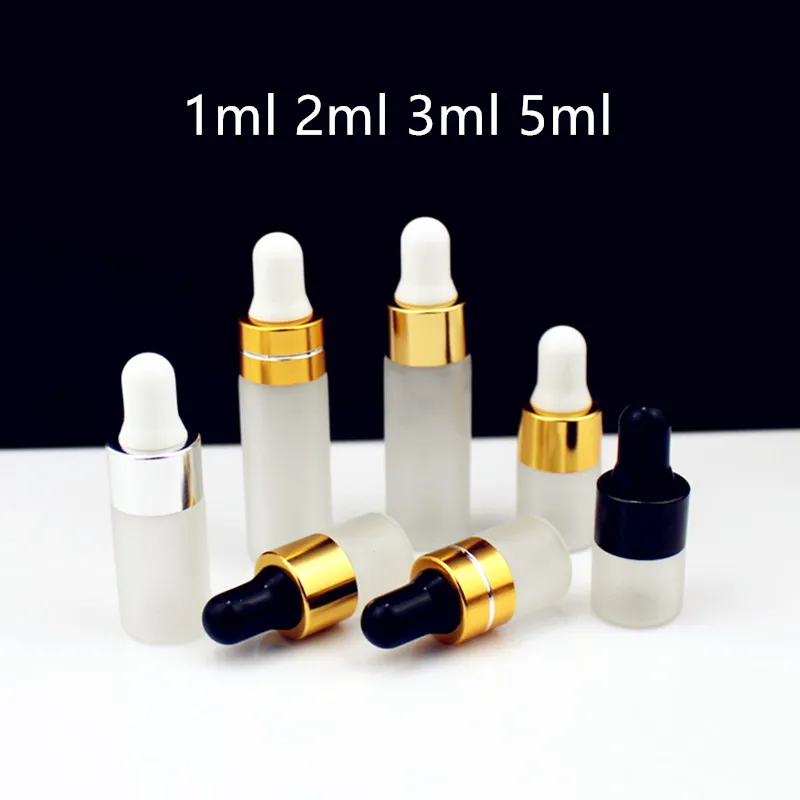 

100pcs 1ml 2ml 3ml 5ml Frosted Glass Esstenial Oil Dropper Bottle With Aluminum Lid Eye Dropper Aromatherapy