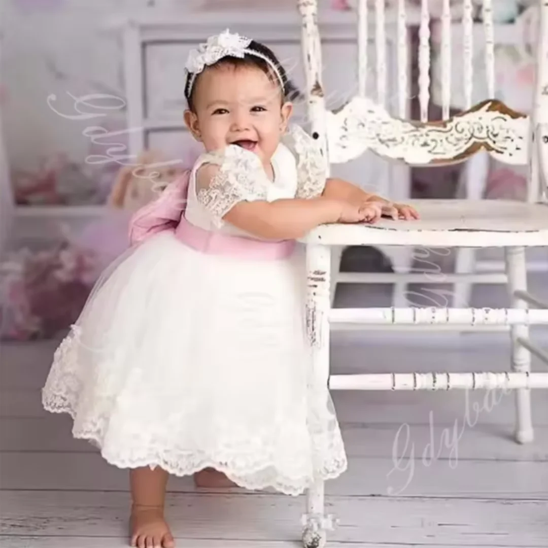 فستان بناتي للأطفال بأكمام منتفخة لحفلات الزفاف فستان فتاة الزهور مخصص مزين بالدانتيل بطول الشاي للأطفال الصغار ثوب تعميد #2