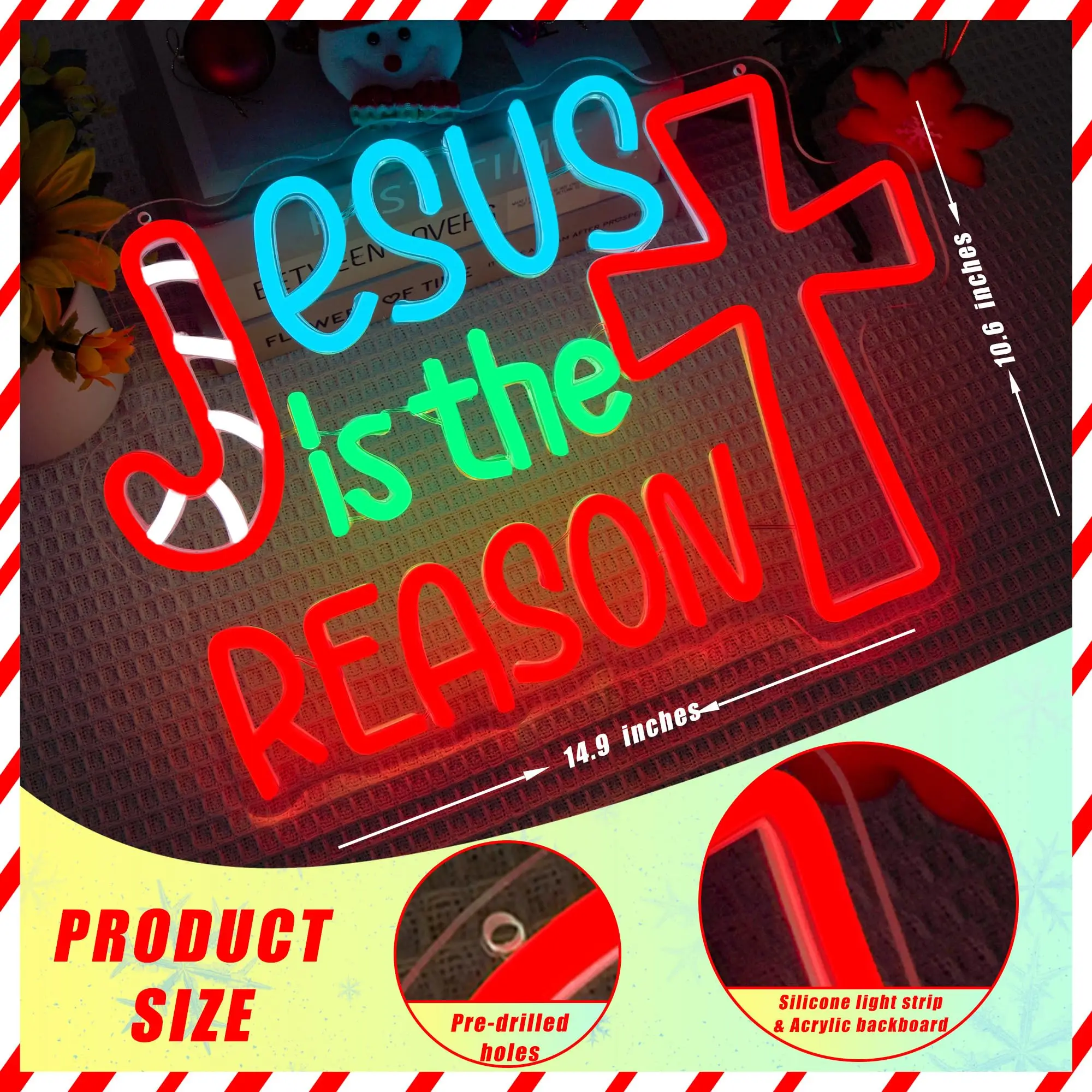 Jesus is the Reason Neon Sign for Christmas Decor Colorful Dimmable Switch for Christmas Home Church Holiday Party Decor Gifts