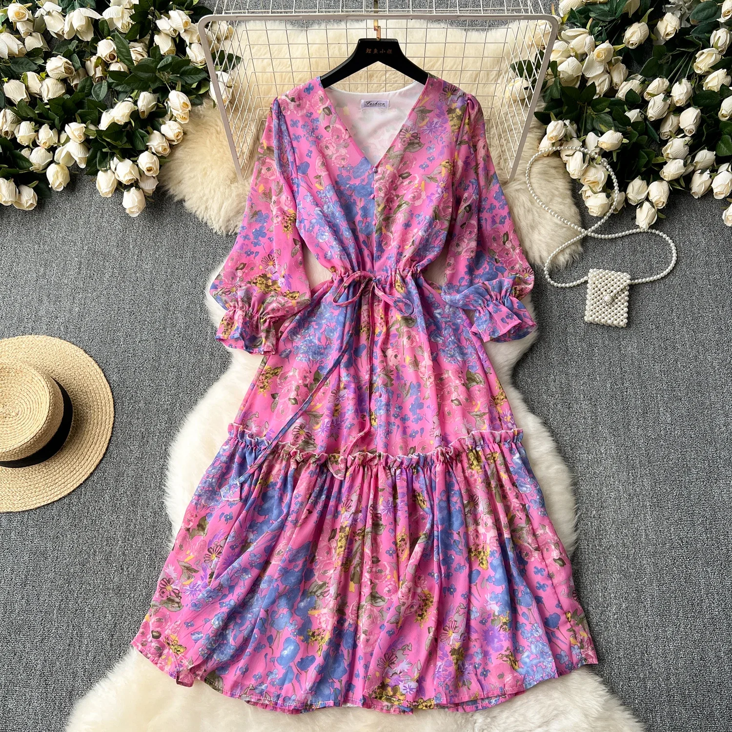 2024 Romantische Bloemenprint Chiffon Lange Mouwen Jurk Vrouwen Sexy V-Hals A Line Strand Vestidos Elegante Elastische Taille Feestjurk