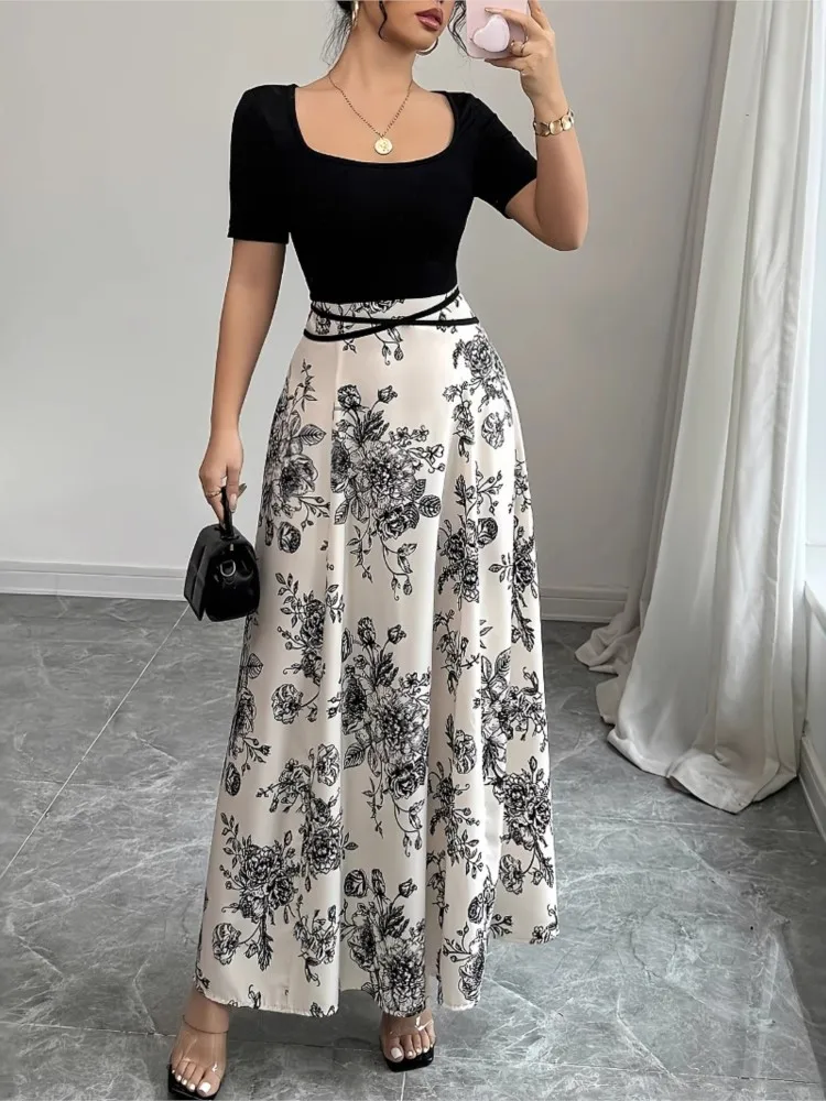 

Flower Fashion Printed Women's U-neck Spring Summer Long Dress New Casual Elegant Short Sleeved Lace Up Long Dress