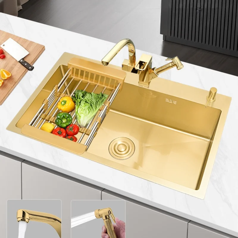 

Light luxury gold waterfall sink large single handmade kitchen 304 stainless steel undercounter basin