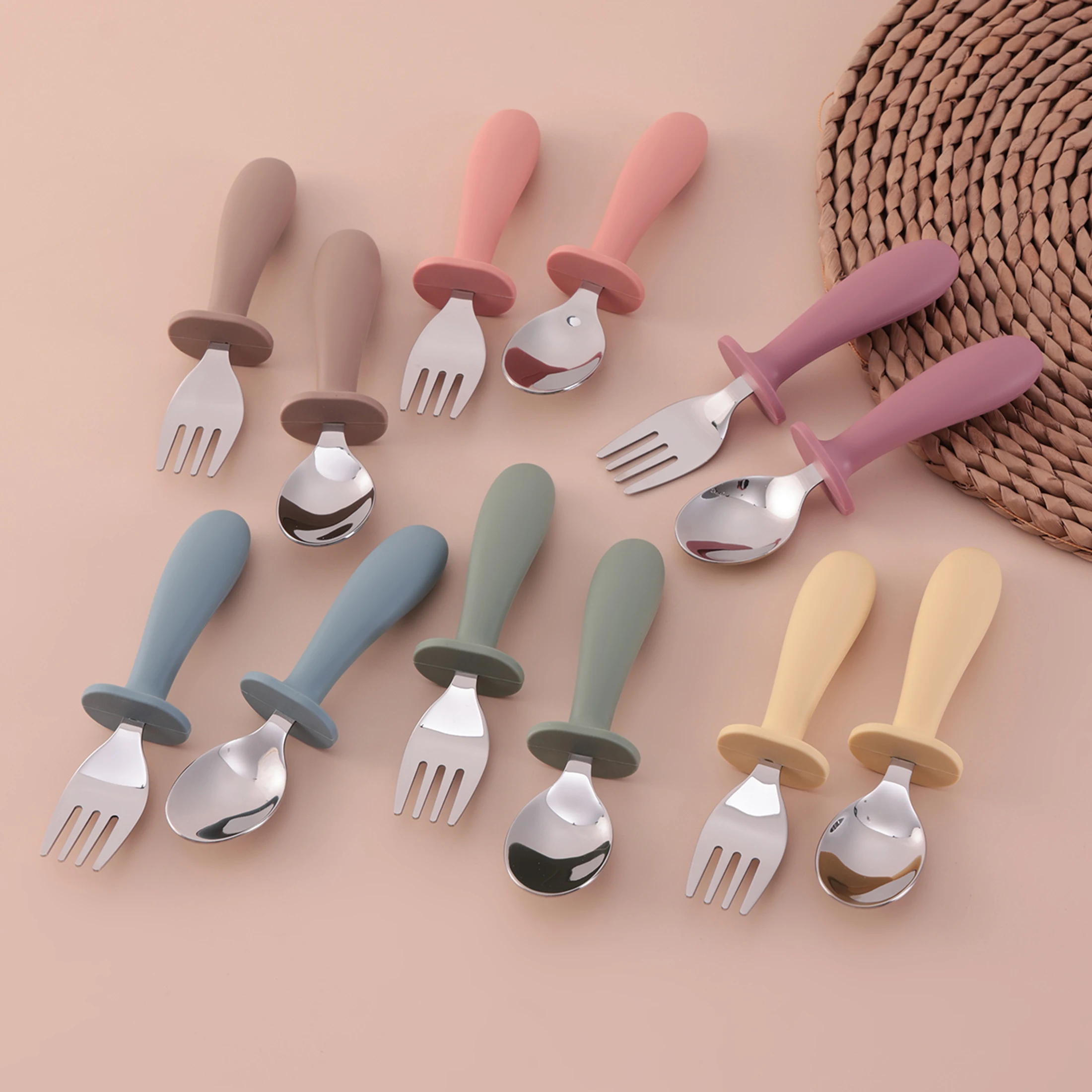 2PCS Stainless Steel Baby Feeding Set Self Feeding Utensils Toddler Learning Grip Spoon Fork BPA Free Meal Prep Essentials