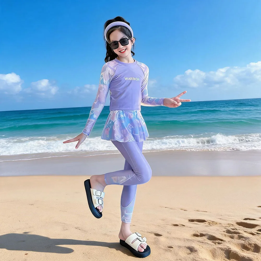 Cute 3-Piece Swimsuit Set for Children and Girls Sunscreen Long Sleeved Pants Printed Skirt Quick Drying Girl Pool Beach Outfit