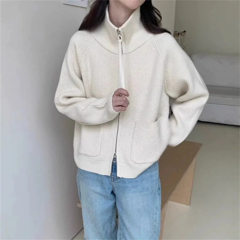 Cárdigan de punto informal con bolsillo y doble cremallera y cuello alto para mujer, chaqueta holgada de estilo coreano para otoño e invierno
