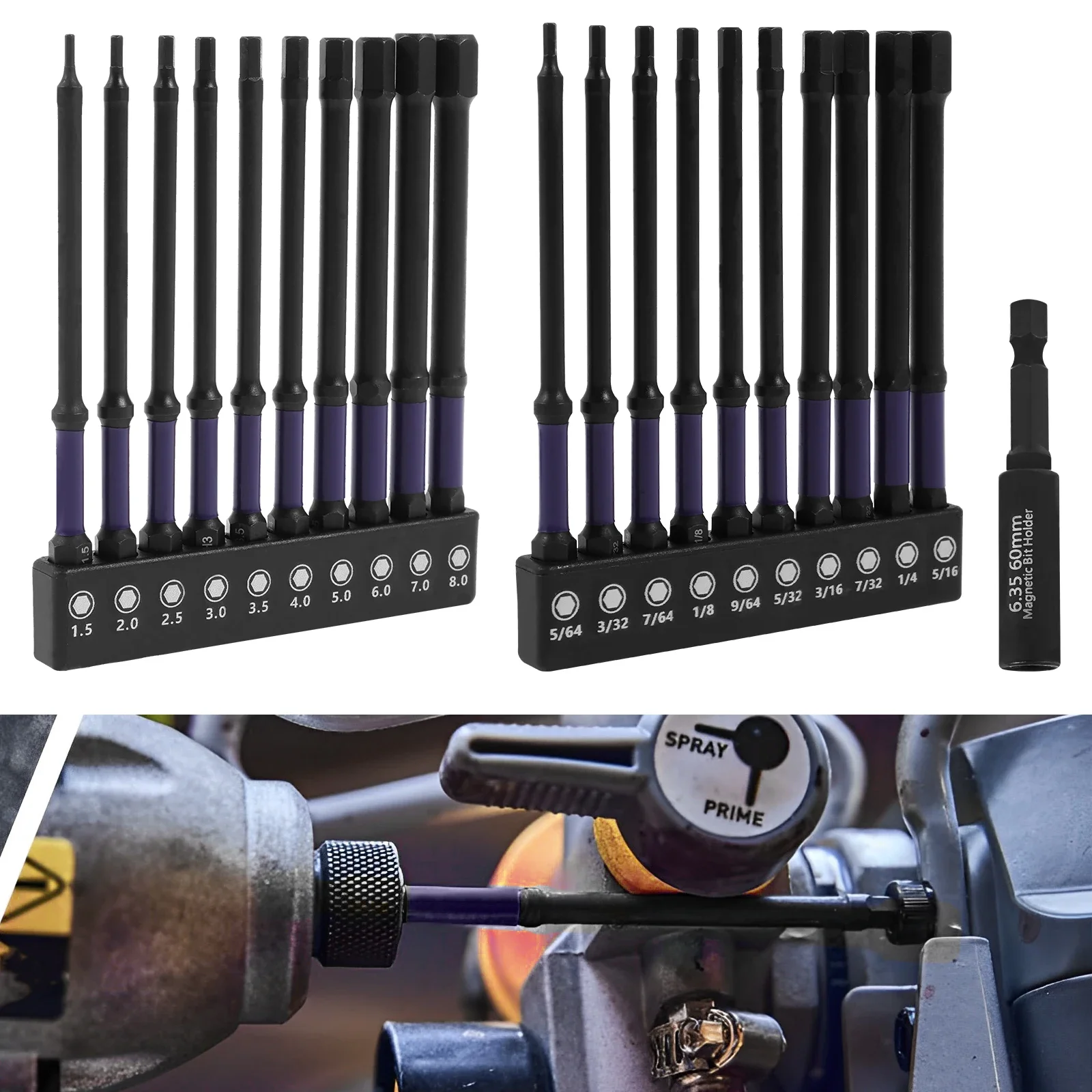 

21Pcs 1/4 Inch Hex Head Allen Wrench Drill Bit Set Metric and SAE S2 Alloy Steel Hex Bit Set with Magnetic Tips Quick Release