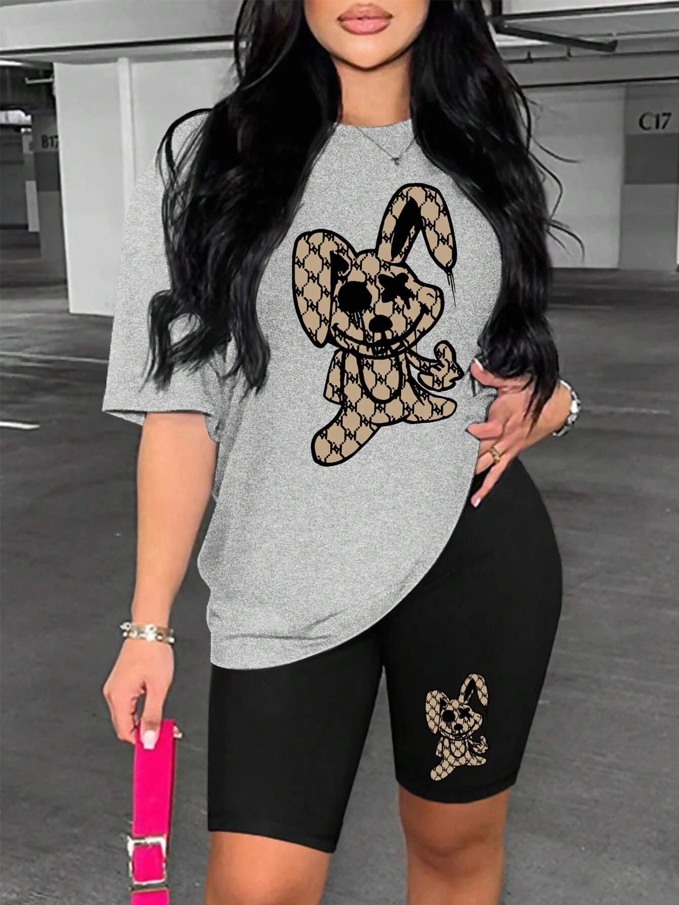 Cute Rabbit Cartoon Printing Women T Shirts Two Piece Set Fashion Novel Short Sets Summer Breathable Loose Shirt Shorts Female