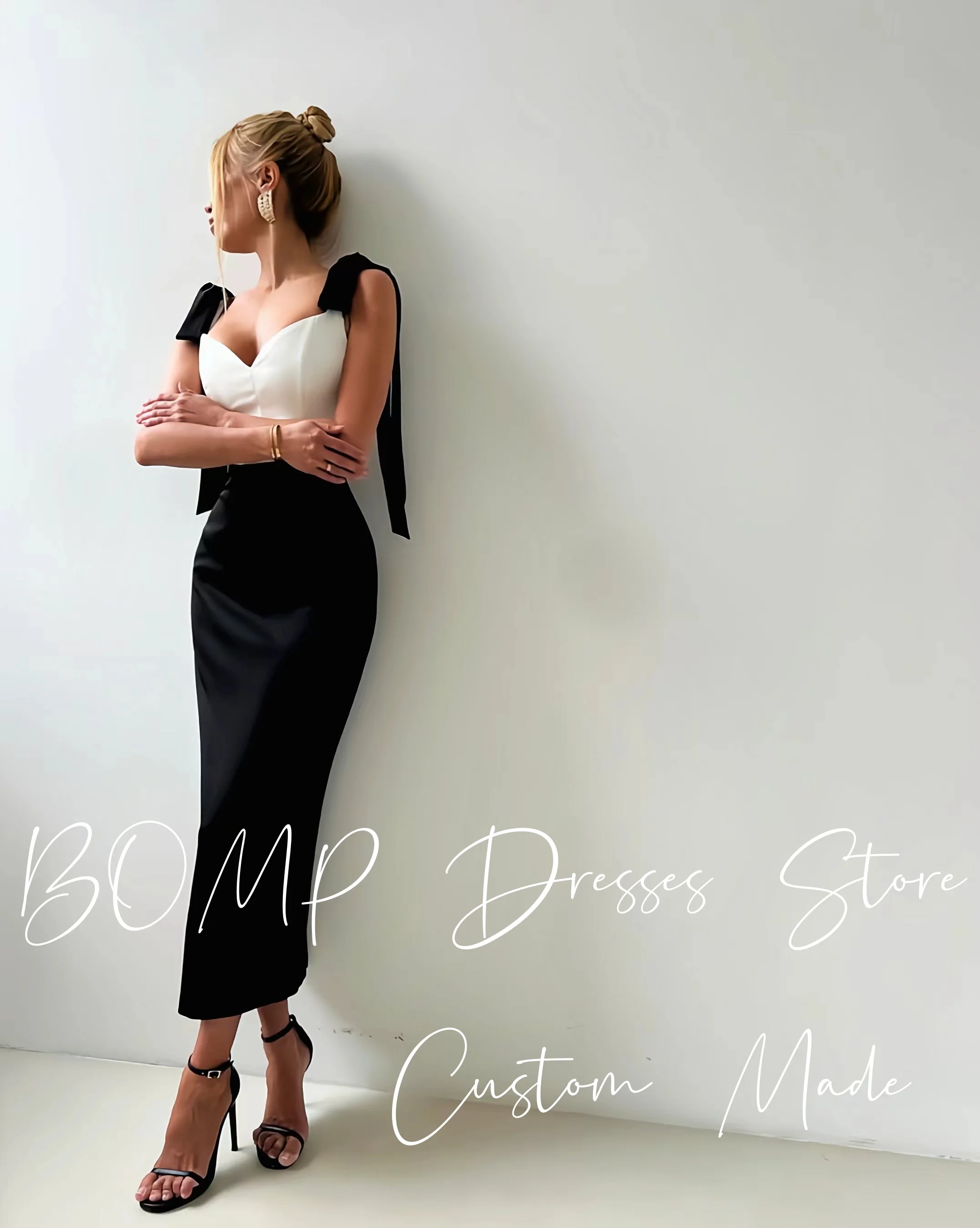 BOMP – robe de soirée moderne contrastée, avec nœud en cœur, bretelles Spaghetti, droite, longueur cheville, en Satin, robes de soirée formelles personnalisées